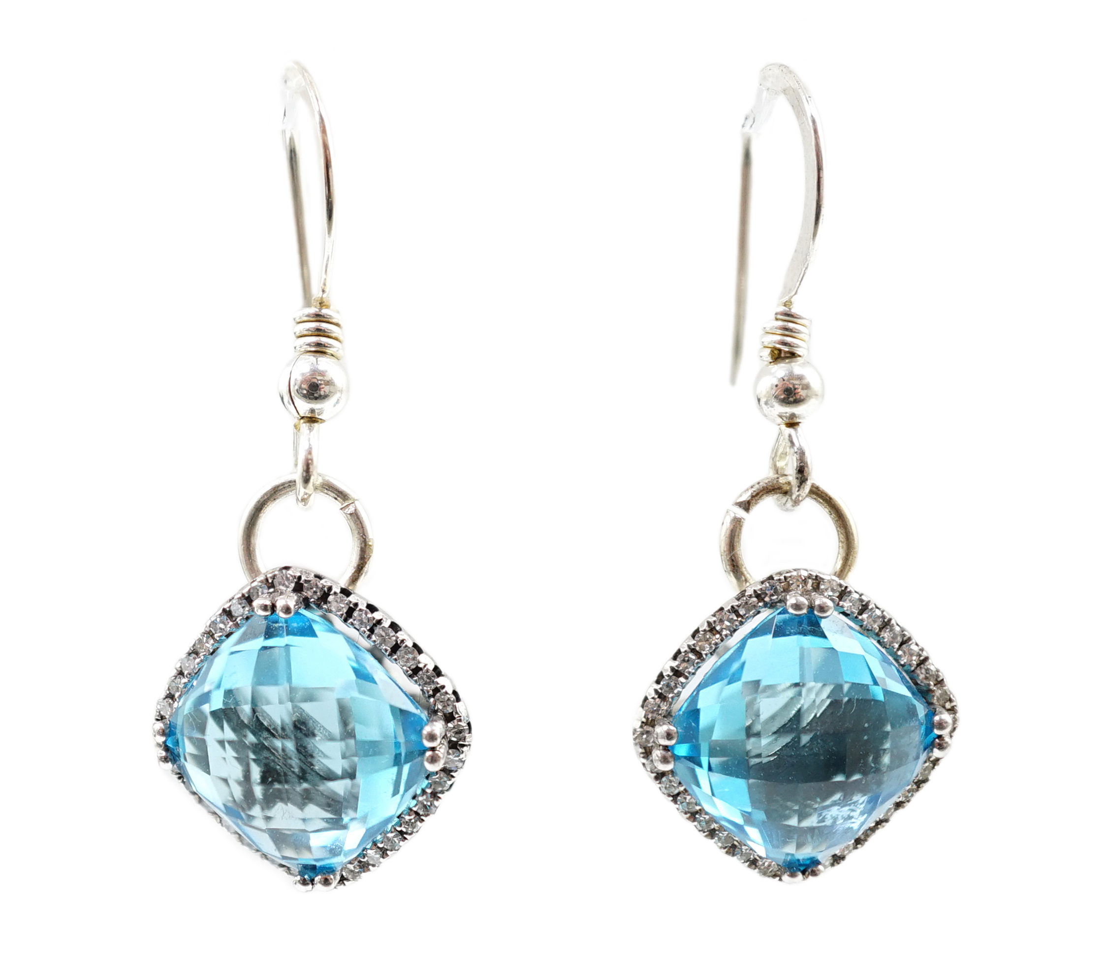 A pair of 375 white gold and facetted square cut blue topaz set drop earrings, with diamond chip set borders